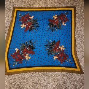 Vintage Perry Ellis Multicolor Striped Scarf Floral Blu Accent. 100% Wool 36x36"